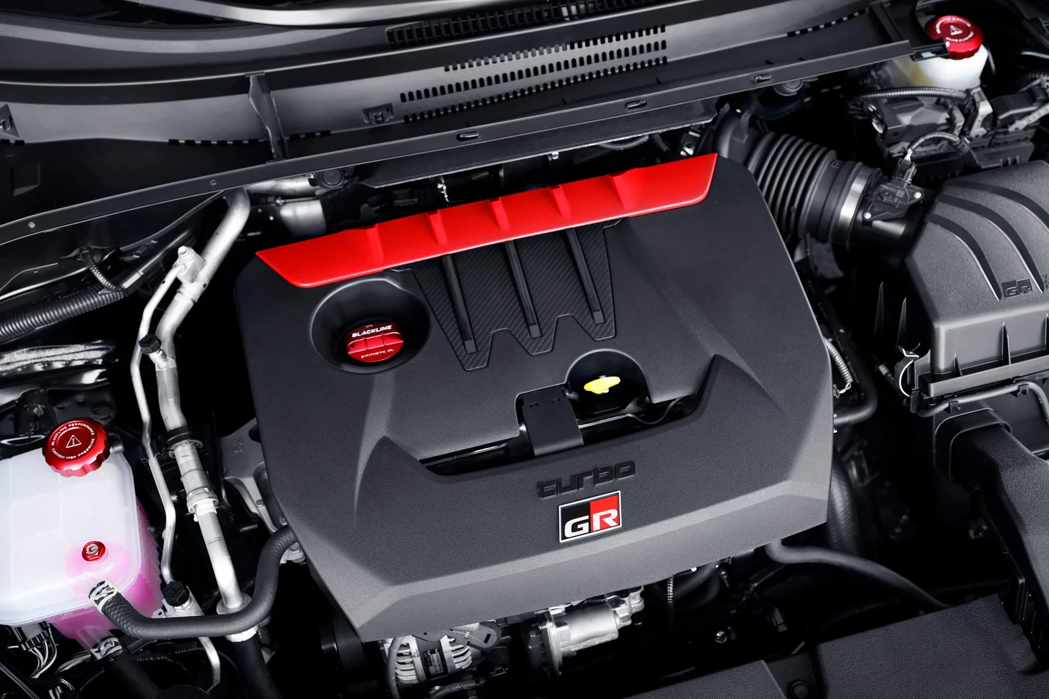 Toyota 2020+ G16E-GTS Engine – GR Corolla / GR Yaris – BLACKLINE Performance Cap Set (Oil Cap / Coolant Cap / Coolant Bleeder Screw / Brake Master Cylinder Cap / Fuel Cap)